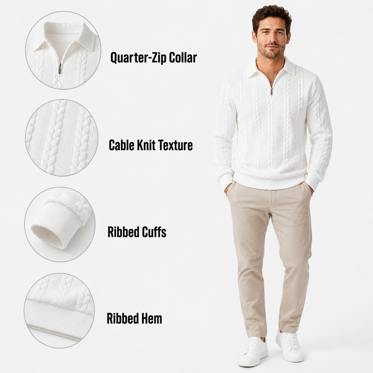 Men's Knitted Polo Neck Half-Zip Sweatshirt – Fitted Cable Knit Pullover