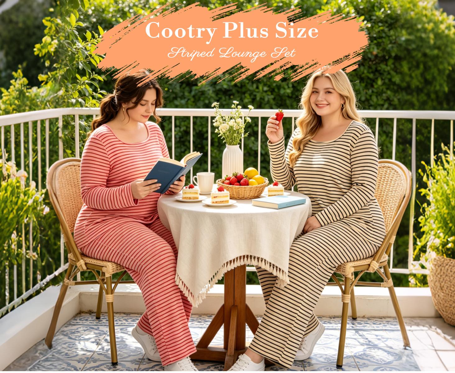 COOTRY Plus Size Curvy Women Matching 2‑Piece Outfit Set, Casual Stripe Print Long‑Sleeve Relaxed‑Fit Top & Below‑Ankle Pants, Machine Washable, Versatile For Fall Winter Everyday Occasions, 1XL‑6XL
