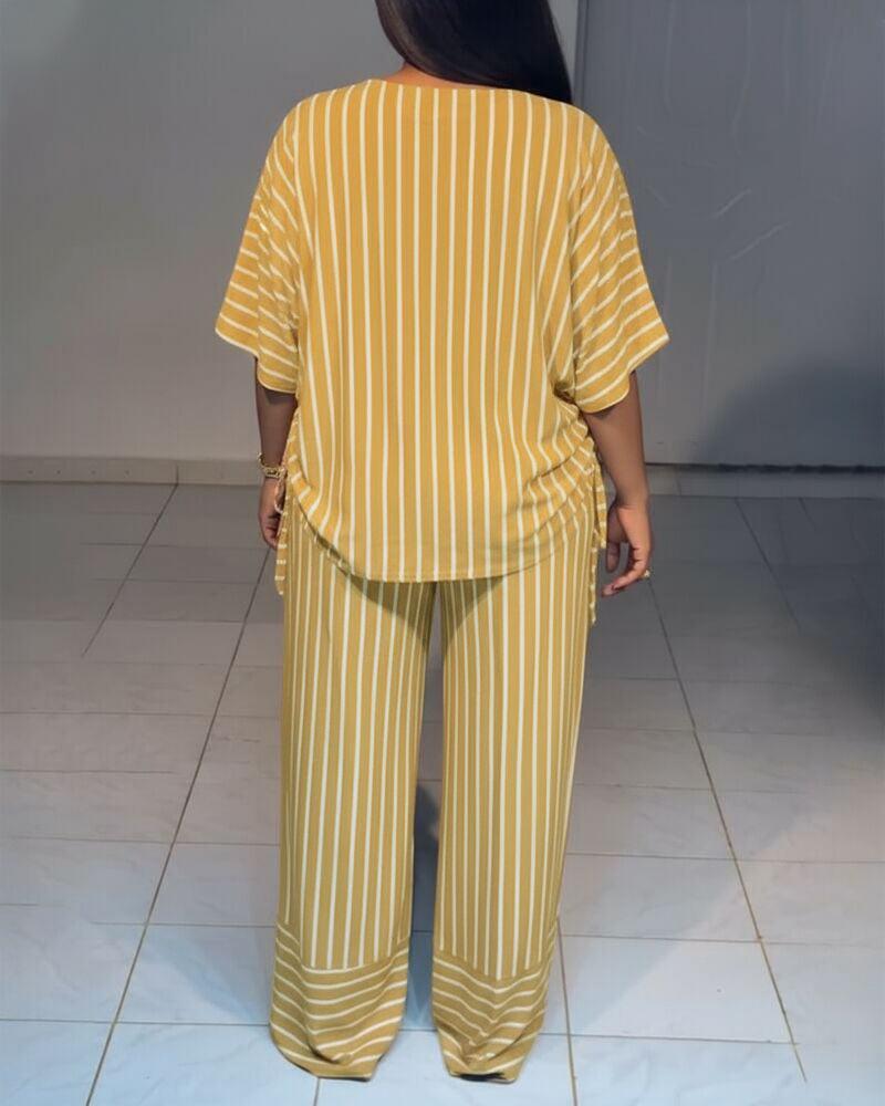 Women's 2-Piece Striped Loose-Fitting V-Neck Thin Drape Wide-Leg Pants Suit, Summer New Fashion Casual Clothes for Women, Women's Clothes