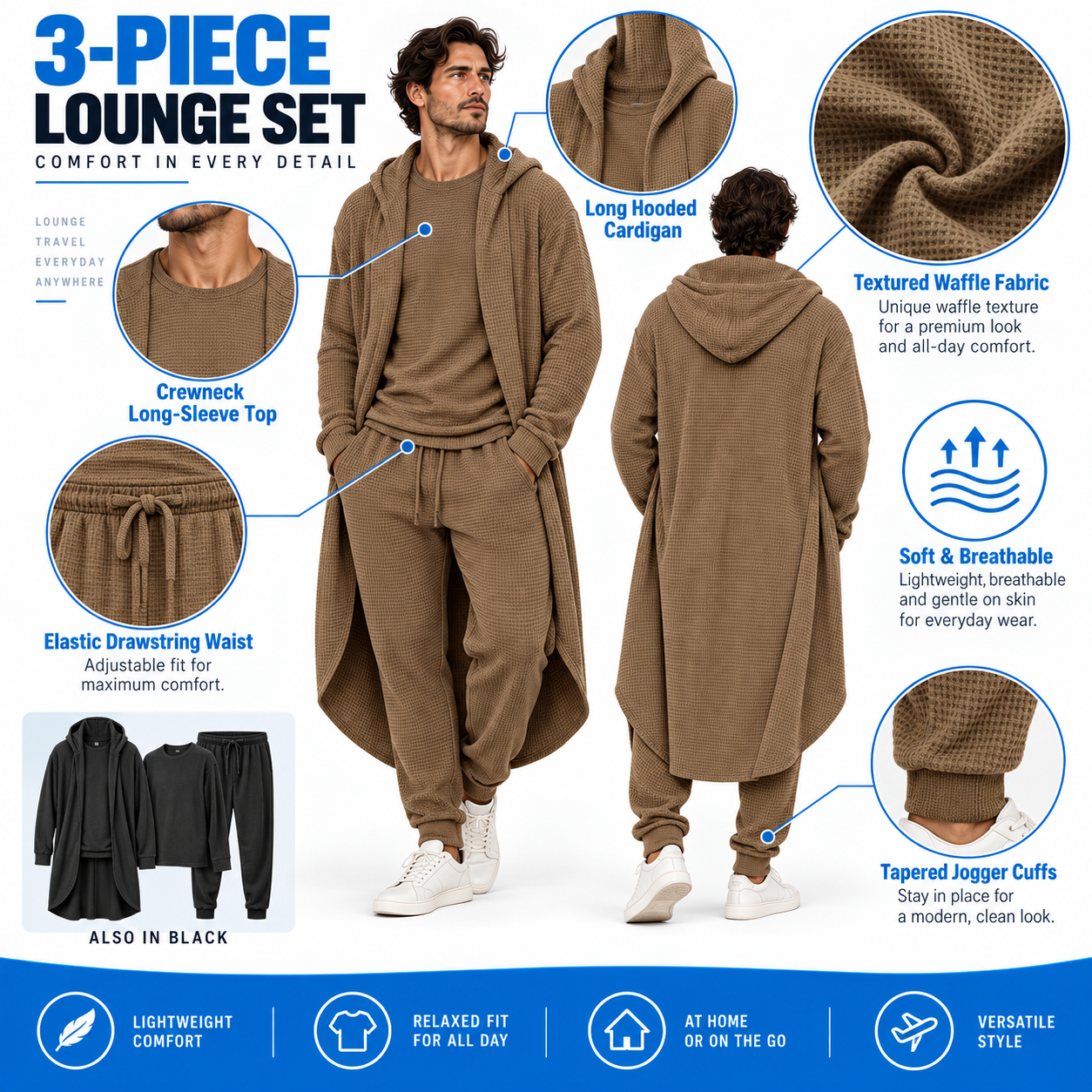 Men's Minimalist 3-Piece Waffle Knit Loungewear Set