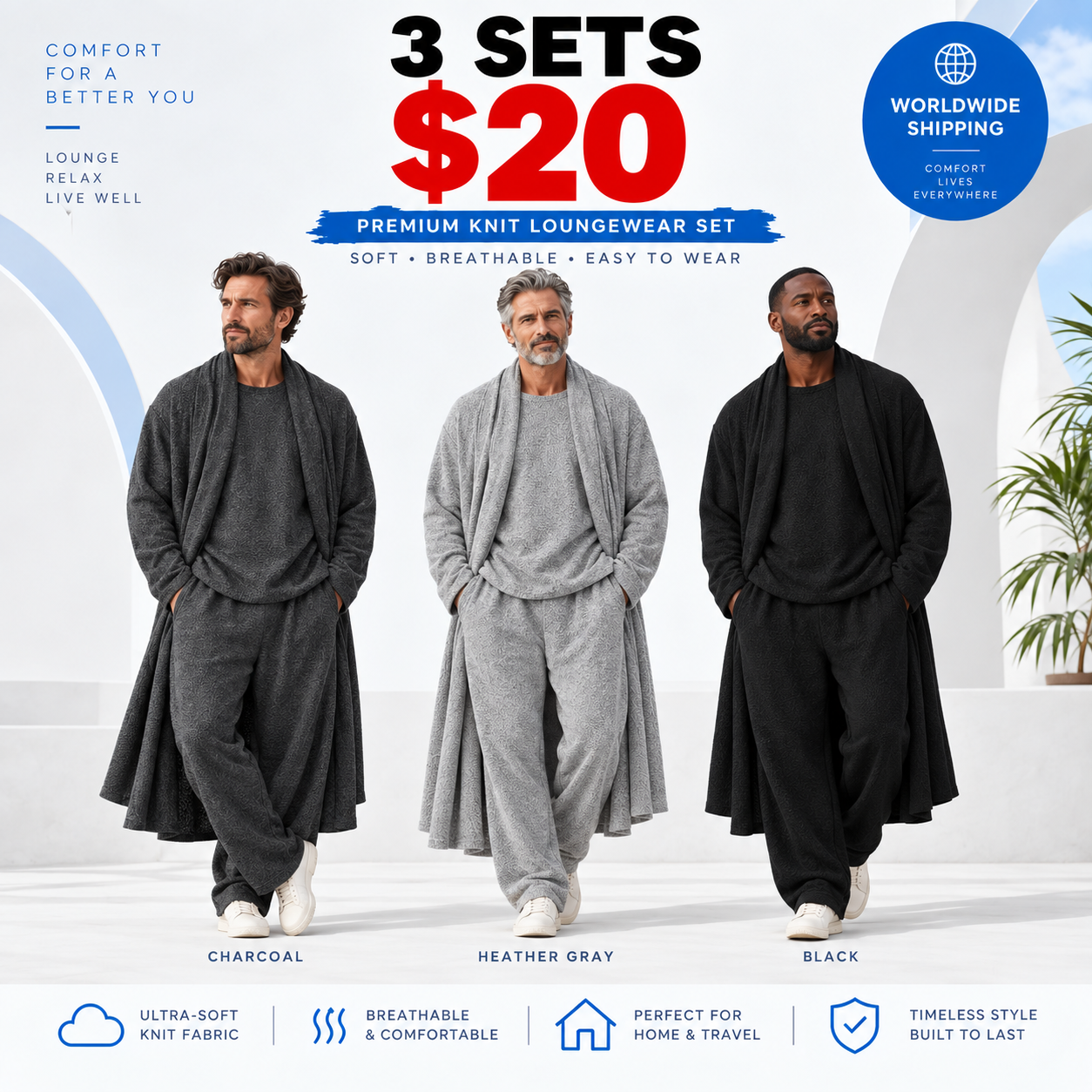 Men's 3-Piece Stretchy Crew Neck Long Sleeve Spandex Menswear Set