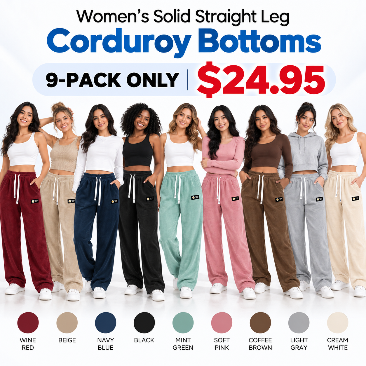 🔥LAST DAY SALE🌍 Women's Solid Straight Leg Corduroy Bottoms-100% Cotton