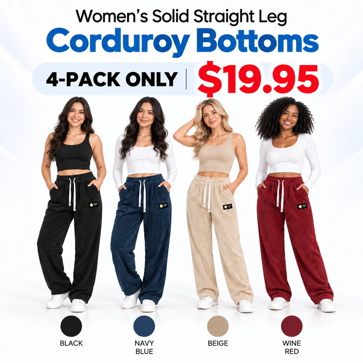 🔥LAST DAY SALE🌍 Women's Solid Straight Leg Corduroy Bottoms-100% Cotton