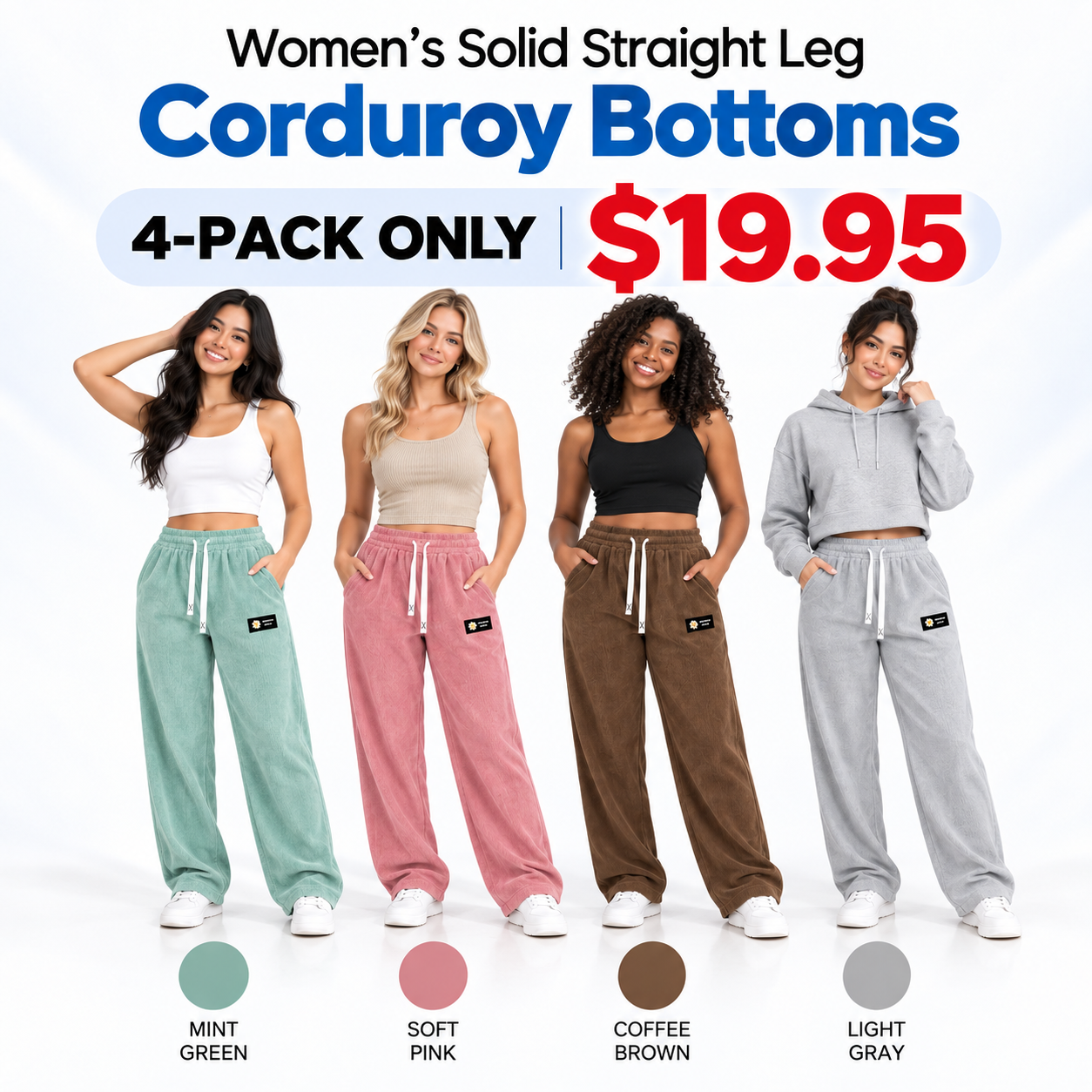 🔥LAST DAY SALE🌍 Women's Solid Straight Leg Corduroy Bottoms-100% Cotton