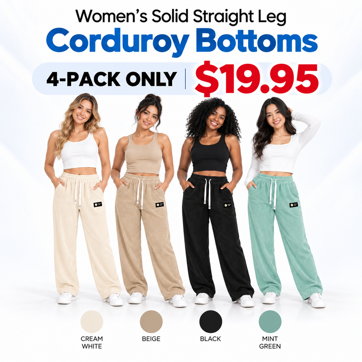 🔥LAST DAY SALE🌍 Women's Solid Straight Leg Corduroy Bottoms-100% Cotton