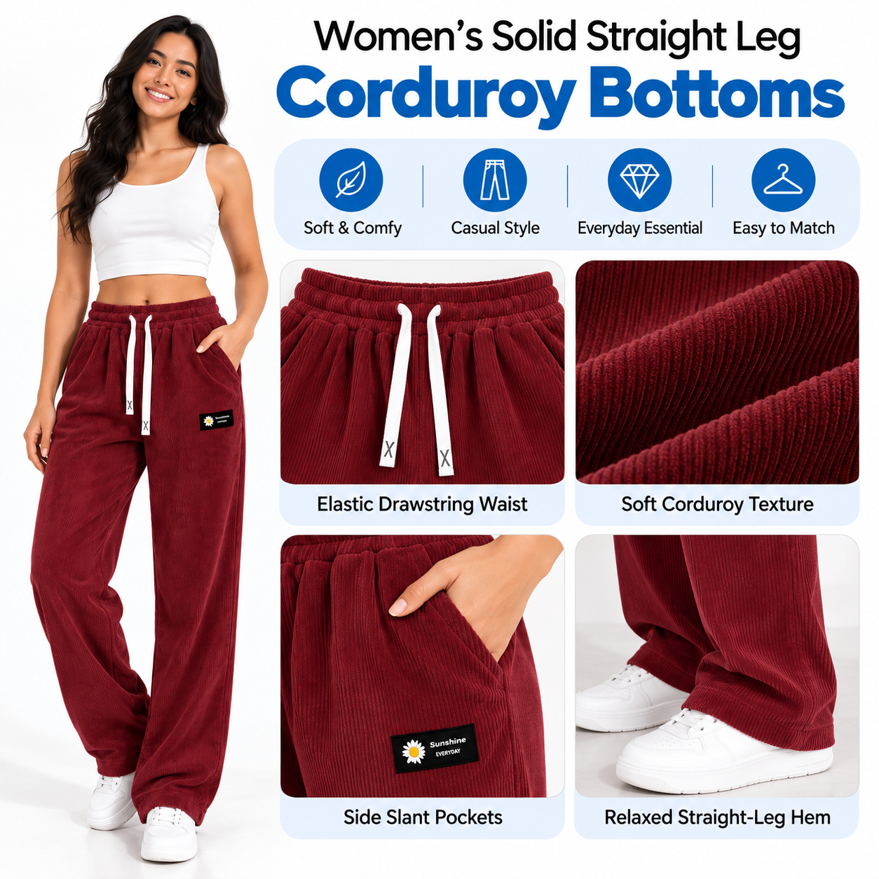 🔥LAST DAY SALE🌍 Women's Solid Straight Leg Corduroy Bottoms-100% Cotton
