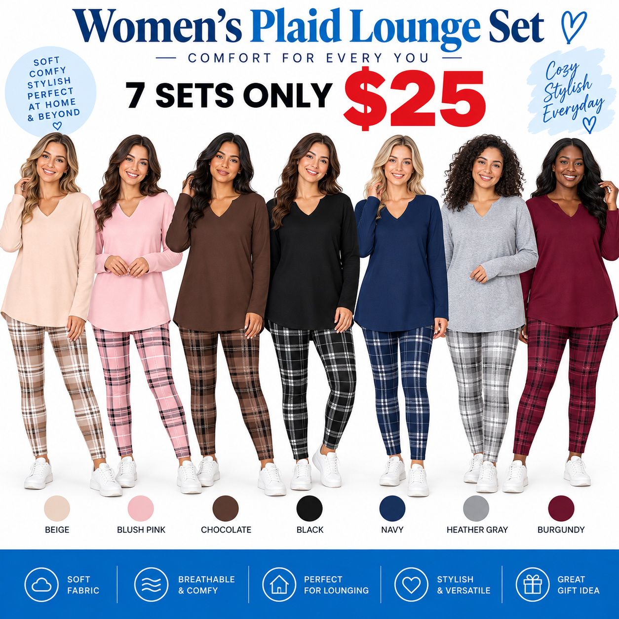 Women's Long Sleeve Top & Plaid Leggings Set
