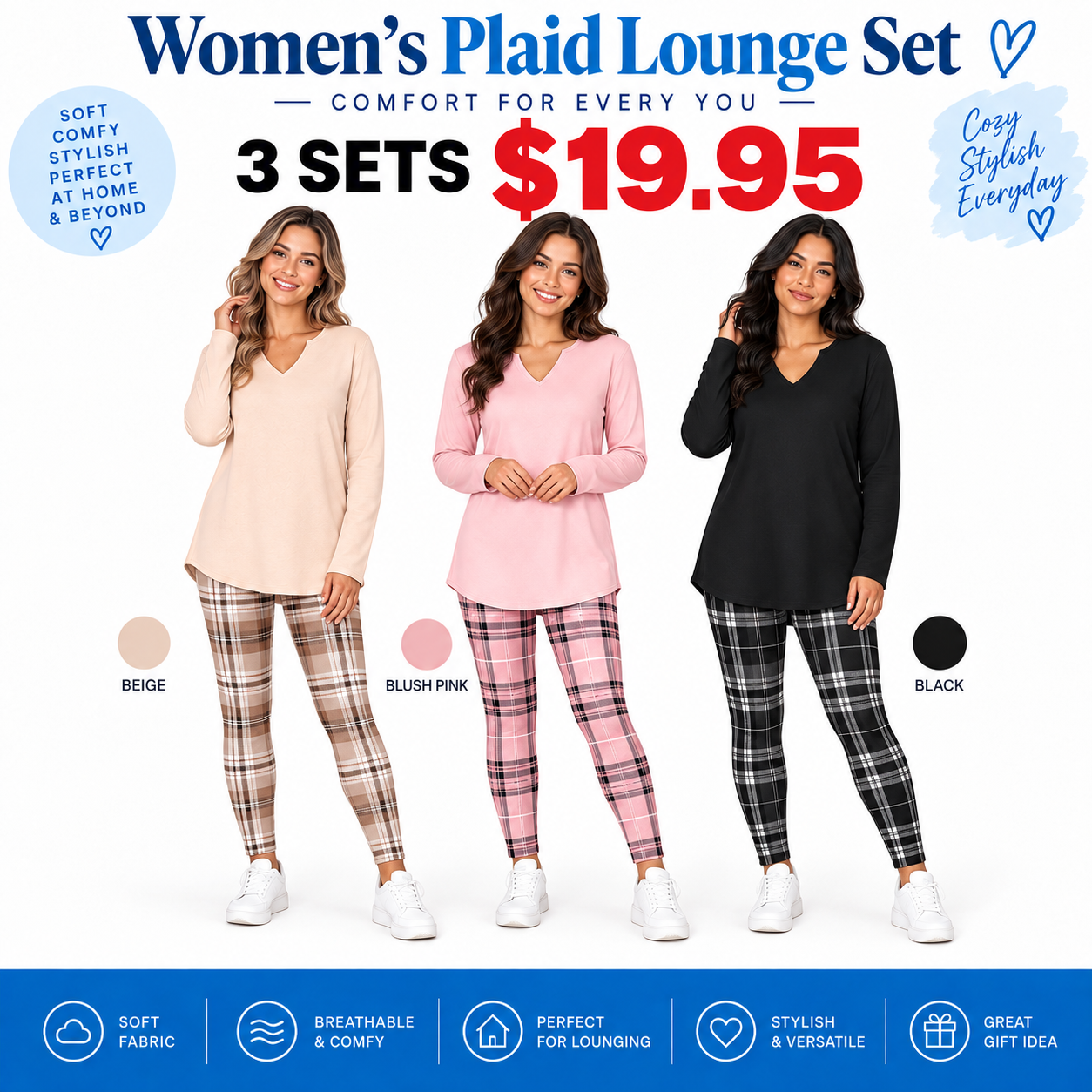 Women's Long Sleeve Top & Plaid Leggings Set