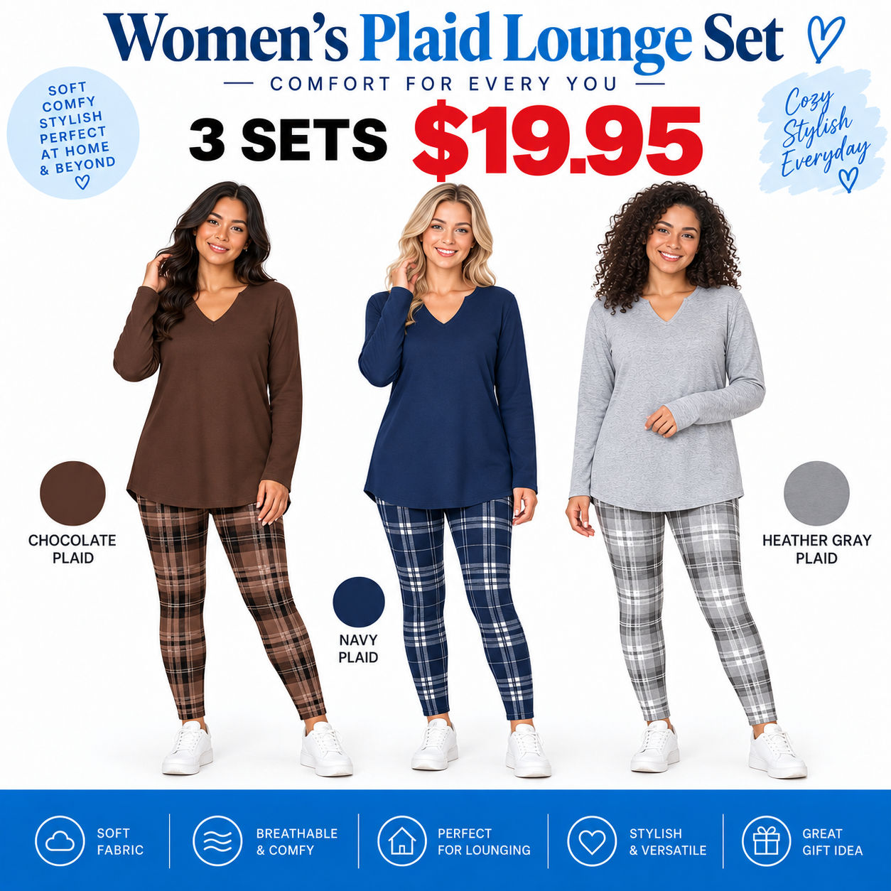 Women's Long Sleeve Top & Plaid Leggings Set