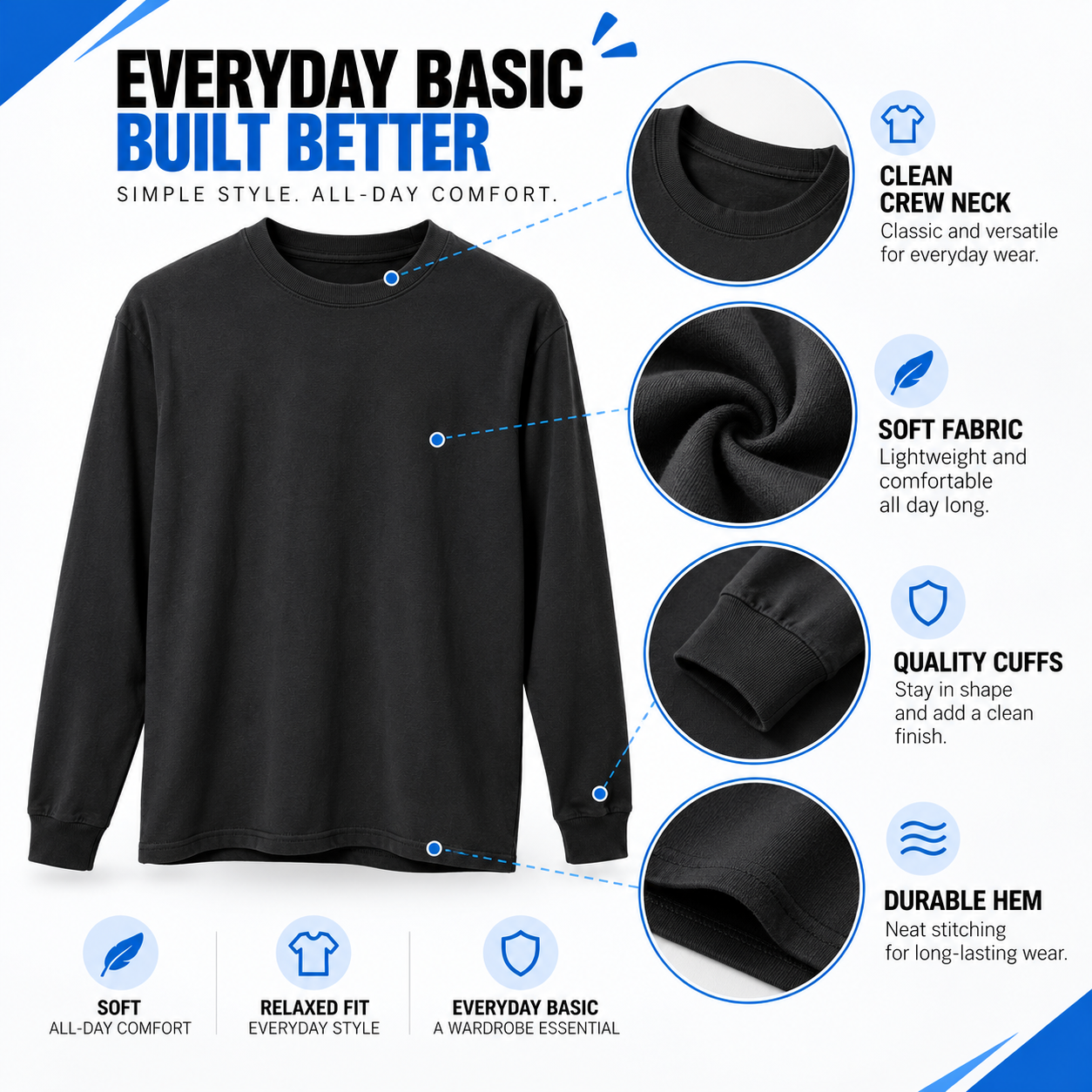 Men's Premium Cropped Long Sleeve Tees – Crew Neck Raw Hem