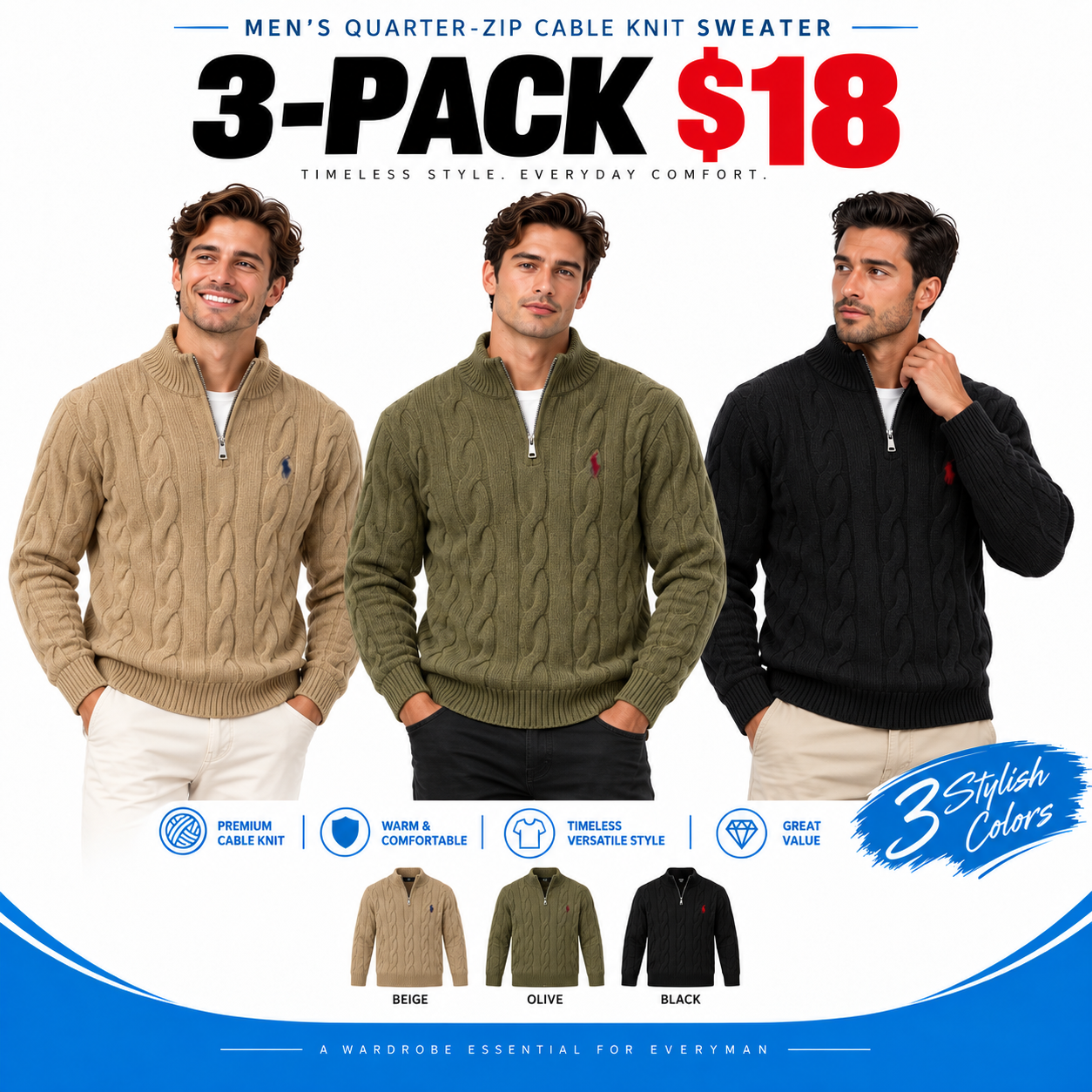 Men's Quarter-Zip Cable Knit Sweater – Classic Mock Neck Pullover for Everyday Comfort