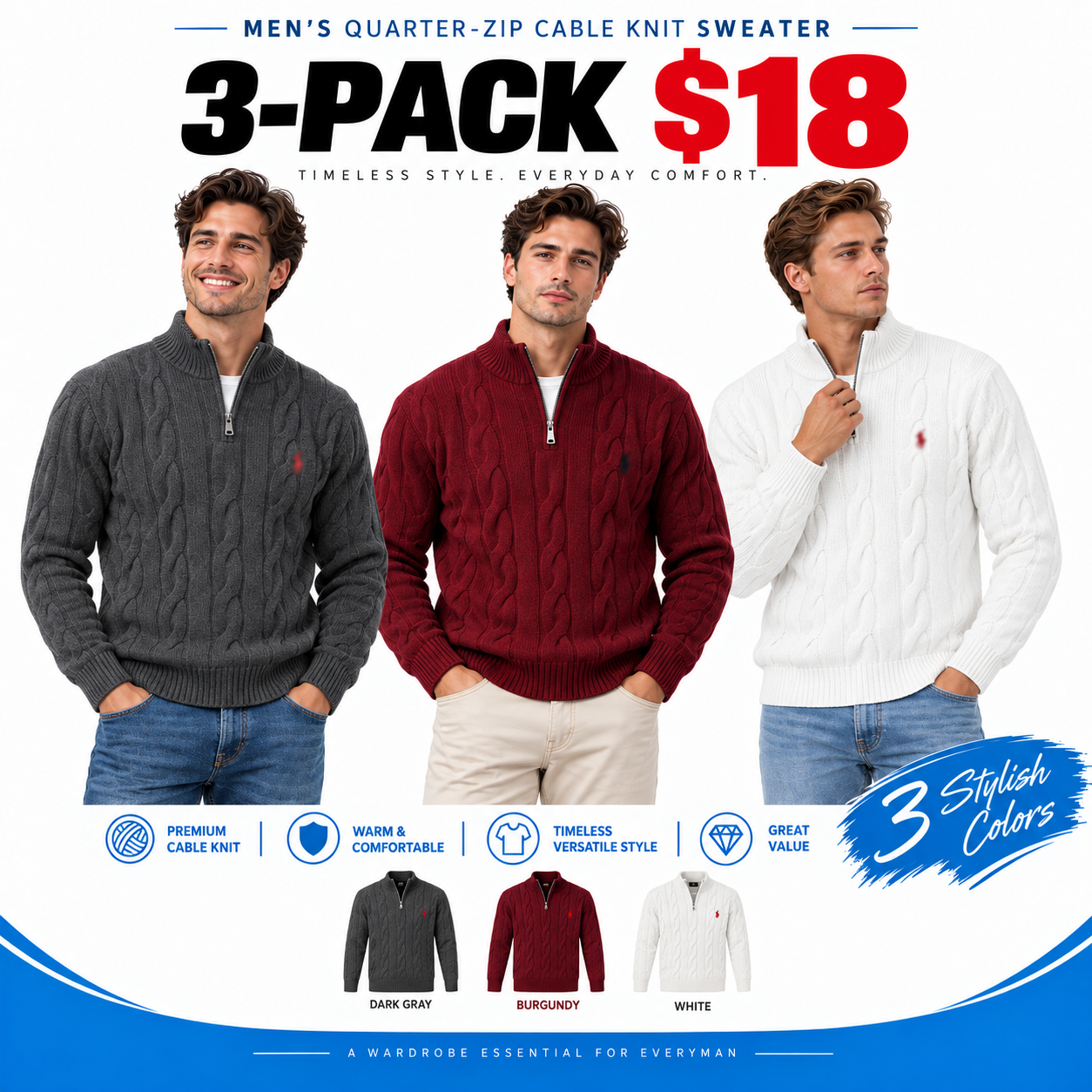 Men's Quarter-Zip Cable Knit Sweater – Classic Mock Neck Pullover for Everyday Comfort