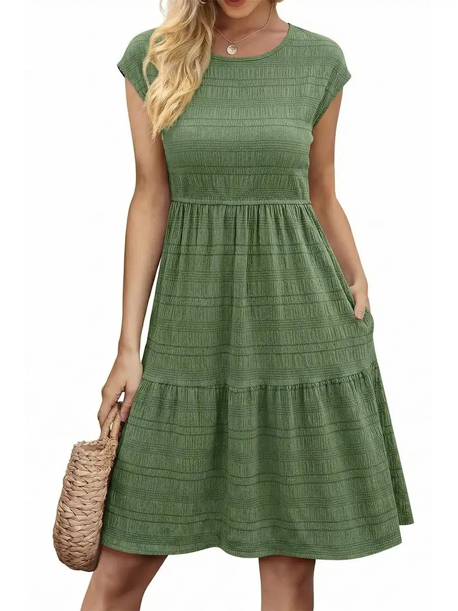 Women's Round Neck Cap Sleeve Textured Tiered Midi Dress - Casual High Waisted Sundress with Pockets
