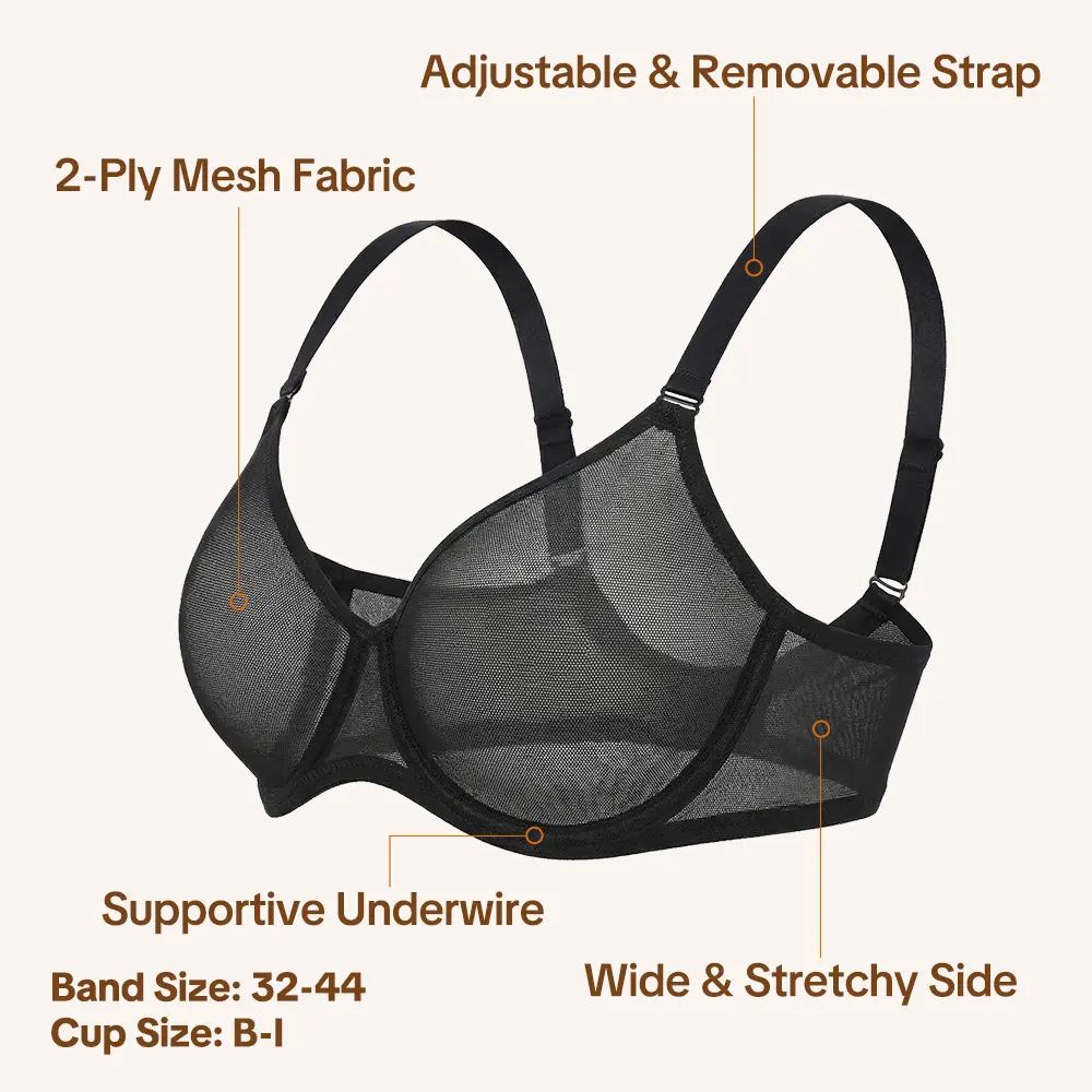 Women's Air Light Sheer Mesh Halter Bra – Unlined Full Coverage Underwire 5-Way Convertible Bra