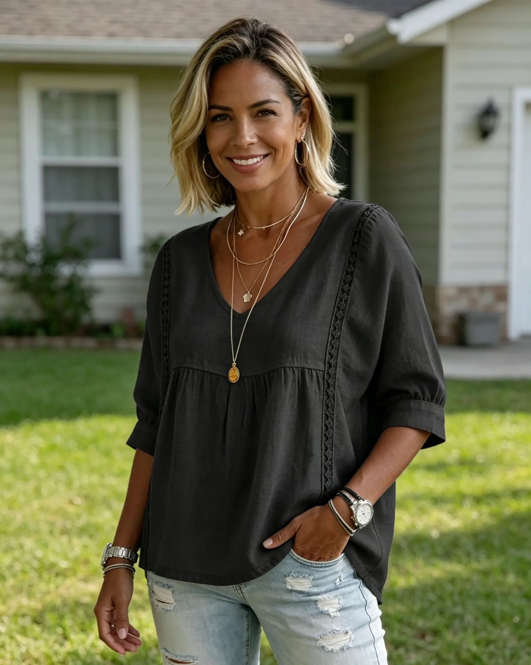 Women's Summer V-Neck Waffle Knit Top