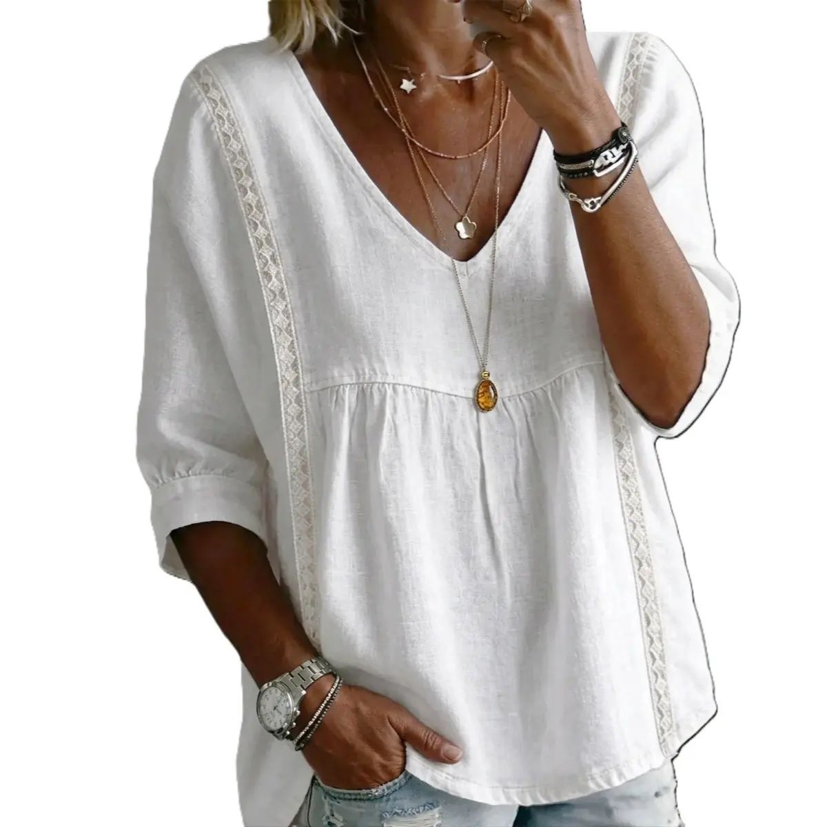 Women's Summer V-Neck Waffle Knit Top