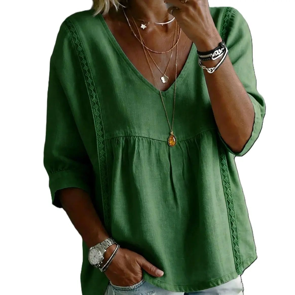 Women's Summer V-Neck Waffle Knit Top