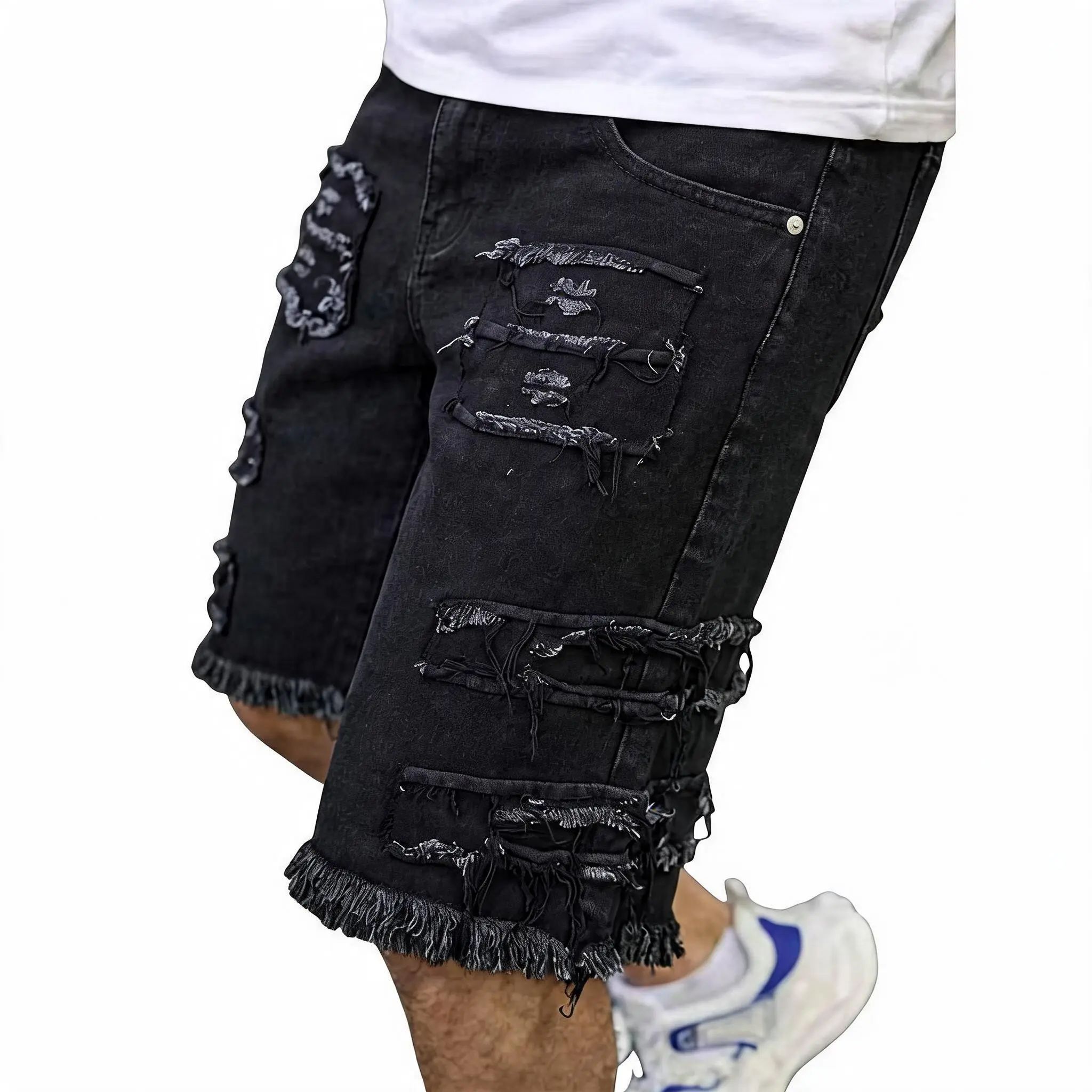 Distressed raw-edge denim shorts with slight stretch; pants without a drawstring