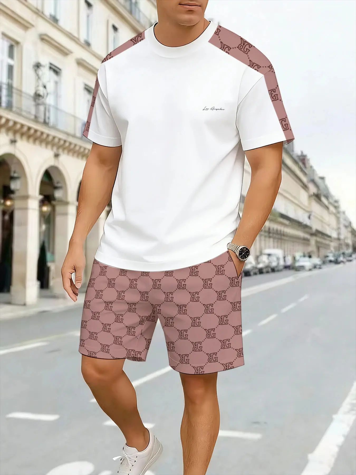 Men's Streetwear Casual Geometric Print Tee & Shorts 2-Piece Set
