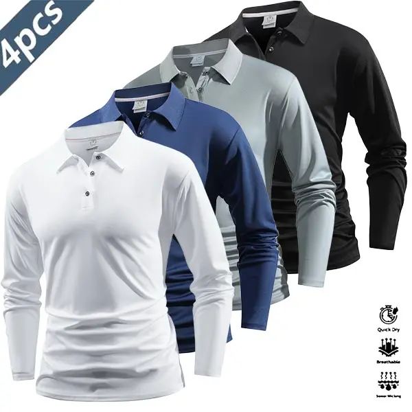 Men's 4-Pack Performance Long Sleeve Polo Shirts - Quick-Dry Athletic Golf & Tennis Tops