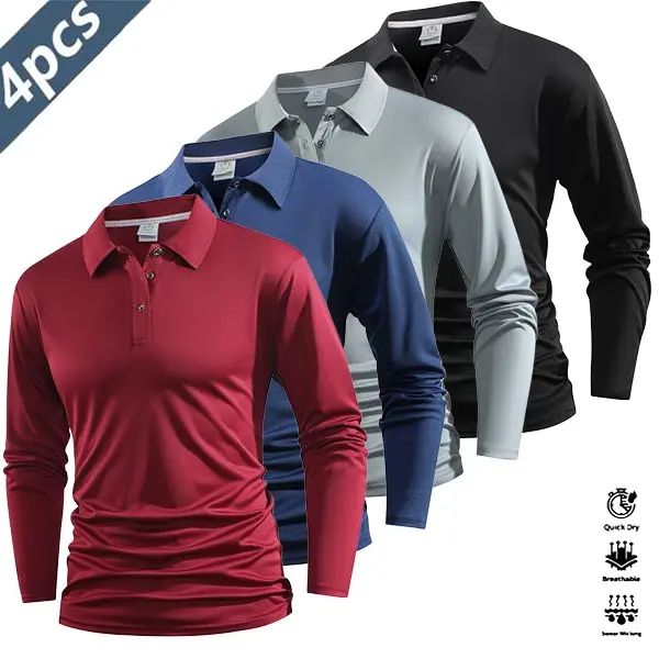 Men's 4-Pack Performance Long Sleeve Polo Shirts - Quick-Dry Athletic Golf & Tennis Tops