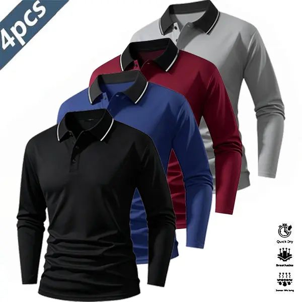 Men's 4-Pack Performance Long Sleeve Polo Shirts - Quick-Dry Athletic Golf & Tennis Tops