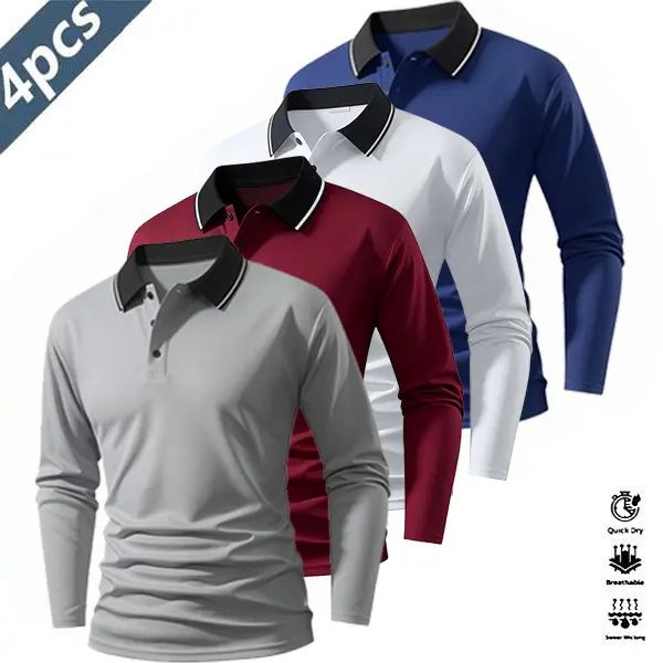 Men's 4-Pack Performance Long Sleeve Polo Shirts - Quick-Dry Athletic Golf & Tennis Tops