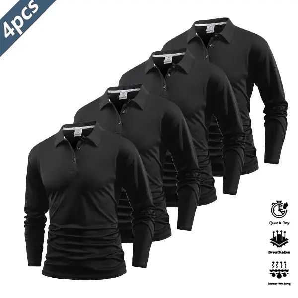 Men's 4-Pack Performance Long Sleeve Polo Shirts - Quick-Dry Athletic Golf & Tennis Tops