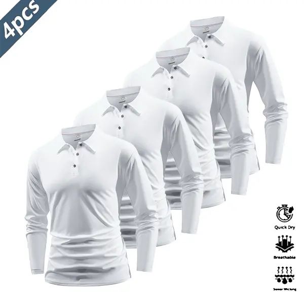Men's 4-Pack Performance Long Sleeve Polo Shirts - Quick-Dry Athletic Golf & Tennis Tops