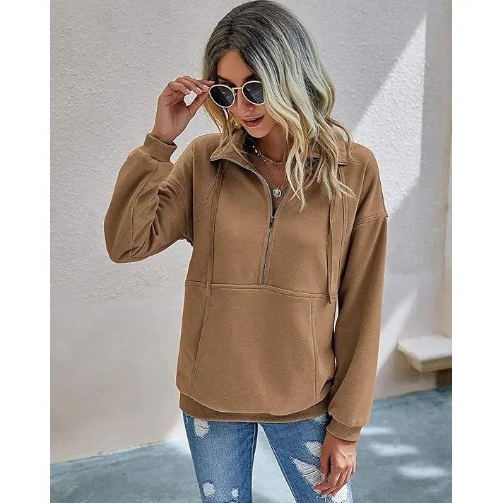 Women's Casual Long Sleeve Lapel Quarter Zipper Sweatshirt - Loose Fall Pullover Top