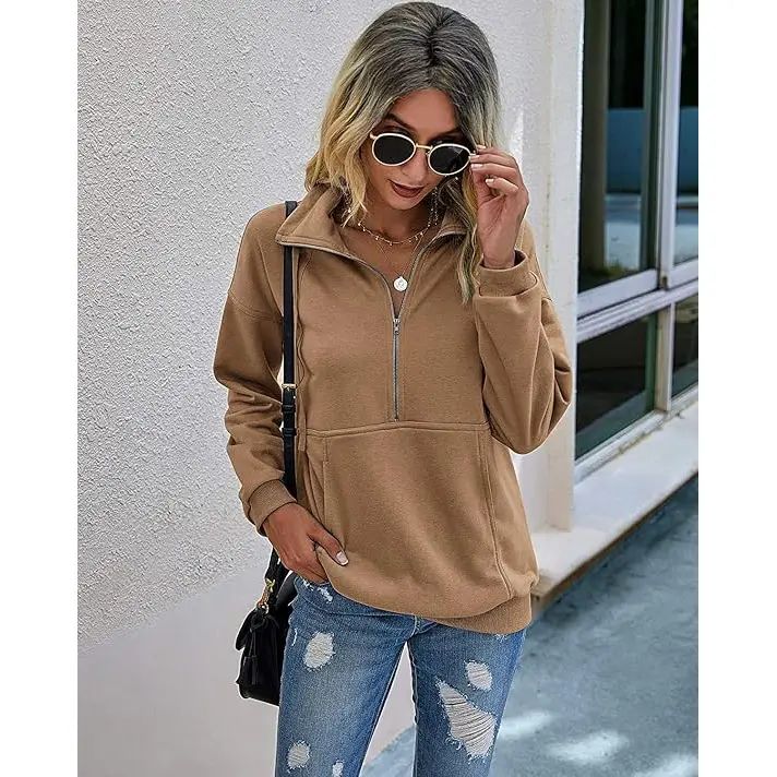Women's Casual Long Sleeve Lapel Quarter Zipper Sweatshirt - Loose Fall Pullover Top