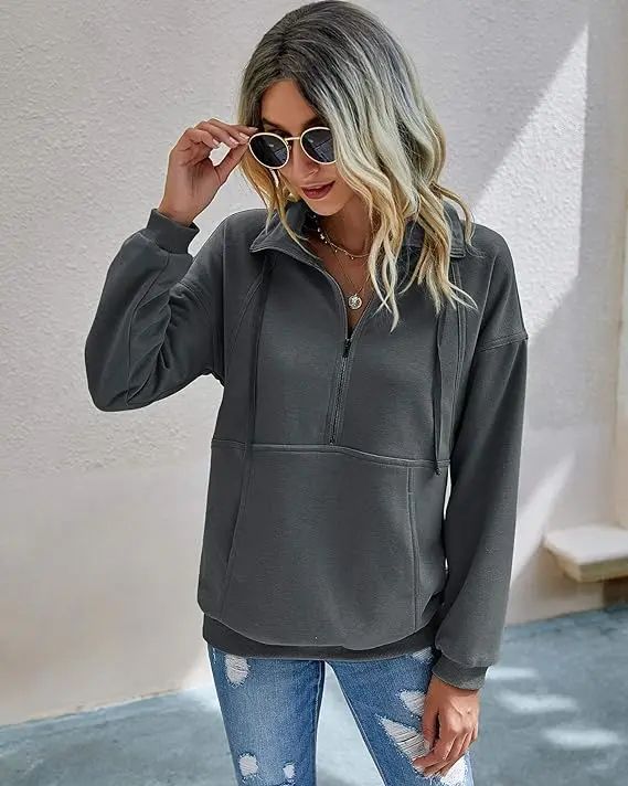 Women's Casual Long Sleeve Lapel Quarter Zipper Sweatshirt - Loose Fall Pullover Top