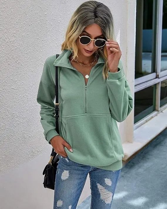 Women's Casual Long Sleeve Lapel Quarter Zipper Sweatshirt - Loose Fall Pullover Top