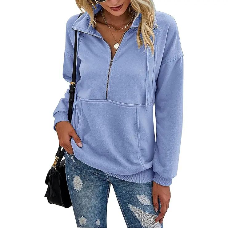 Women's Casual Long Sleeve Lapel Quarter Zipper Sweatshirt - Loose Fall Pullover Top