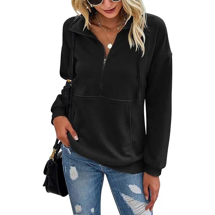 Women's Casual Long Sleeve Lapel Quarter Zipper Sweatshirt - Loose Fall Pullover Top