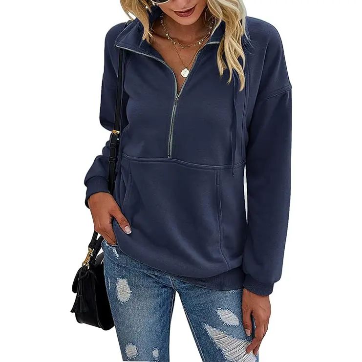 Women's Casual Long Sleeve Lapel Quarter Zipper Sweatshirt - Loose Fall Pullover Top