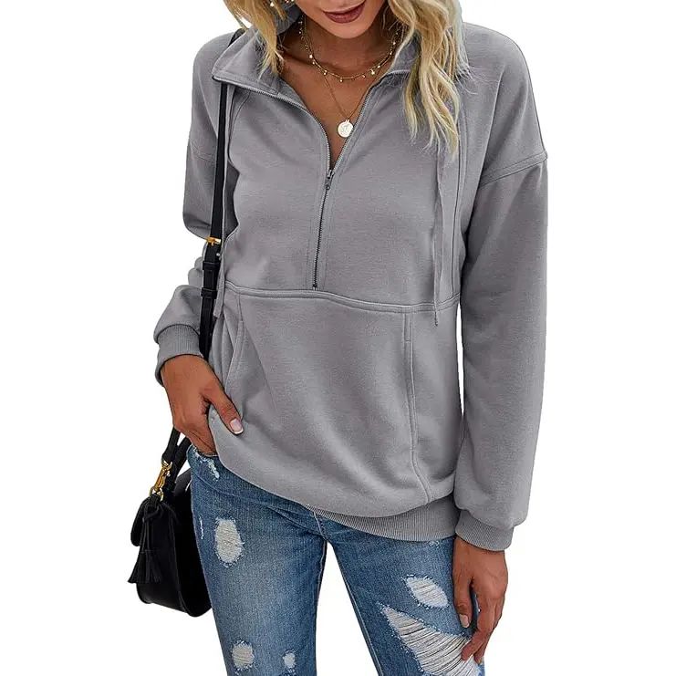 Women's Casual Long Sleeve Lapel Quarter Zipper Sweatshirt - Loose Fall Pullover Top