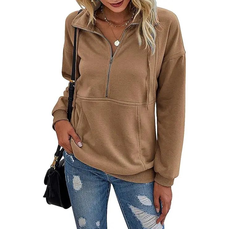 Women's Casual Long Sleeve Lapel Quarter Zipper Sweatshirt - Loose Fall Pullover Top