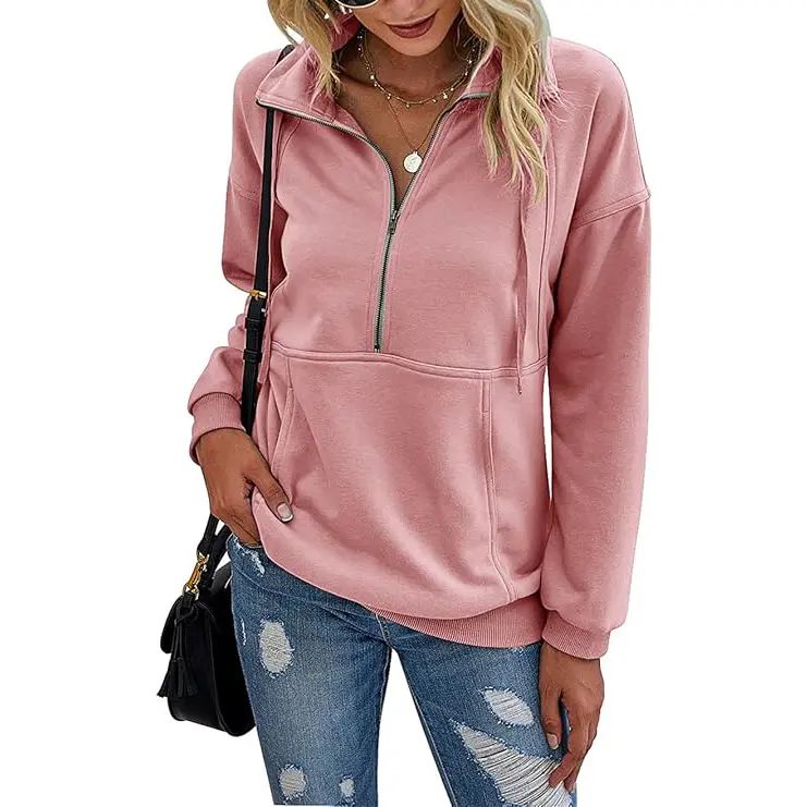 Women's Casual Long Sleeve Lapel Quarter Zipper Sweatshirt - Loose Fall Pullover Top
