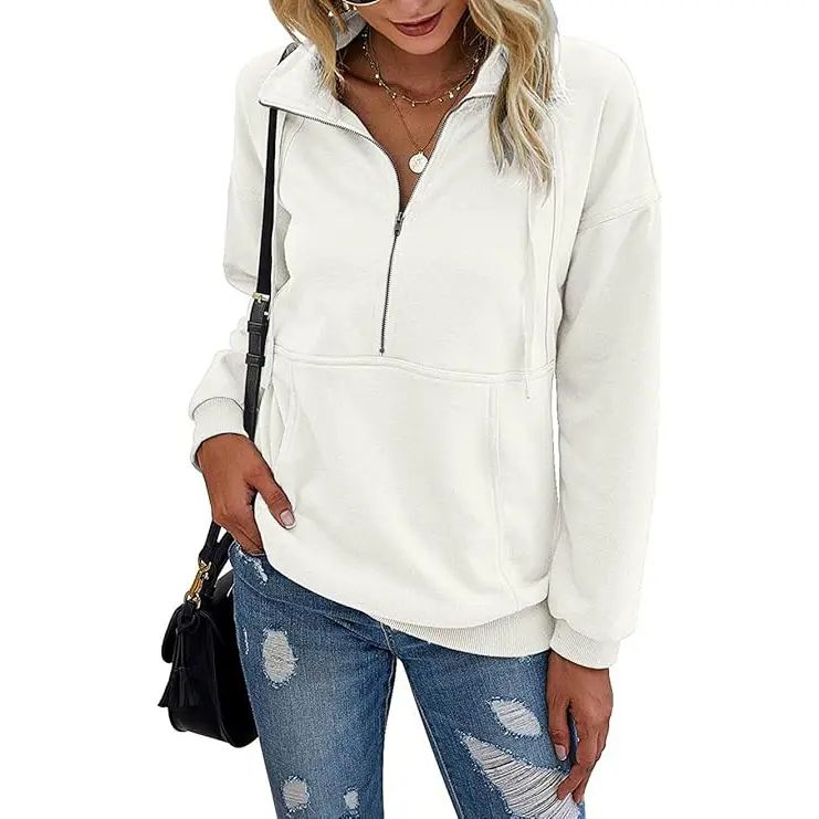 Women's Casual Long Sleeve Lapel Quarter Zipper Sweatshirt - Loose Fall Pullover Top