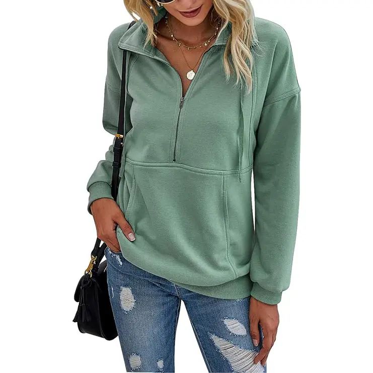 Women's Casual Long Sleeve Lapel Quarter Zipper Sweatshirt - Loose Fall Pullover Top