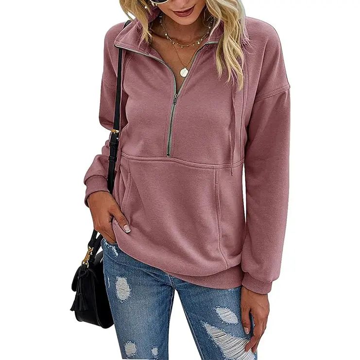 Women's Casual Long Sleeve Lapel Quarter Zipper Sweatshirt - Loose Fall Pullover Top