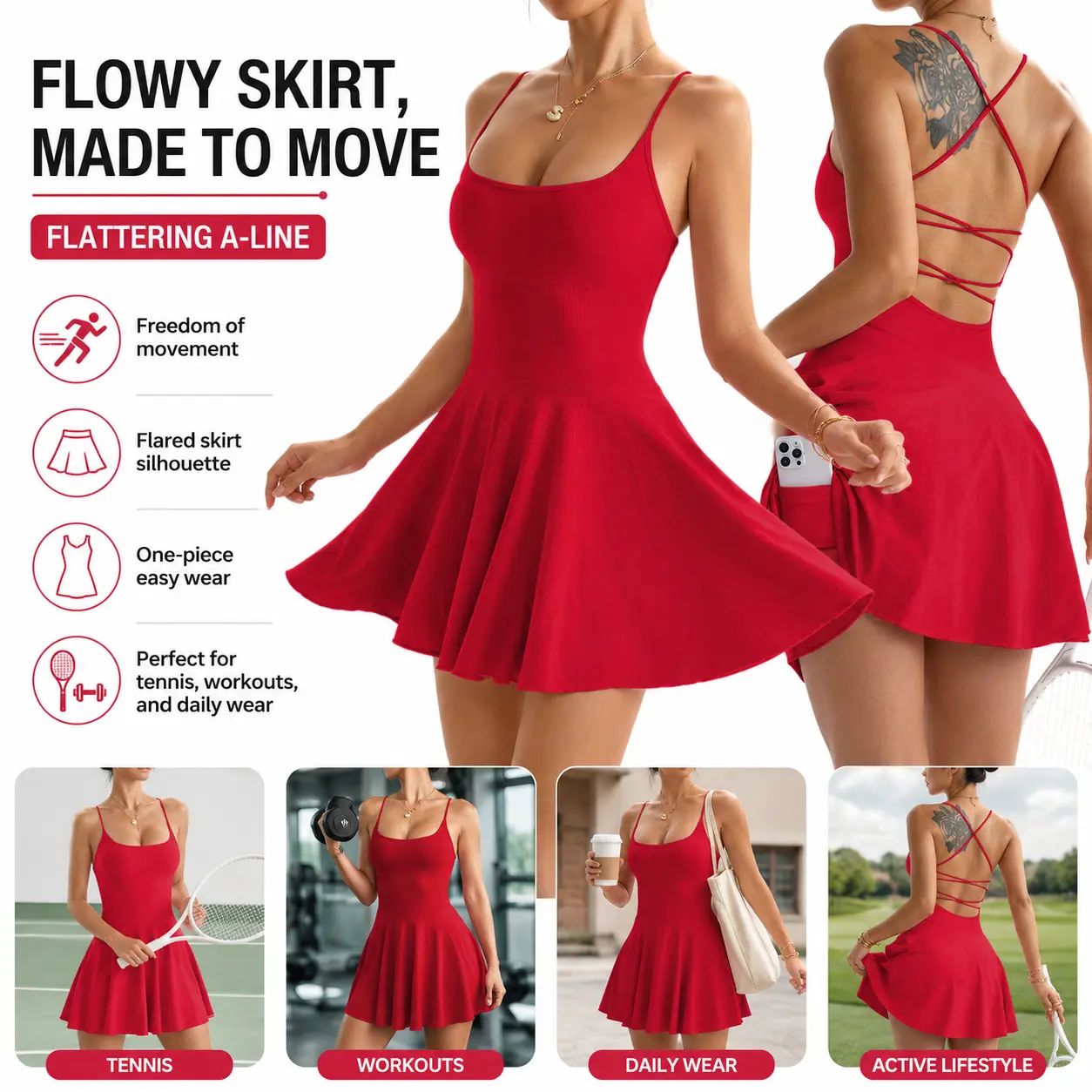 Women's Cross Back Tennis Dress with Built-in Shorts & Pockets - Sleeveless Active Workout Dress