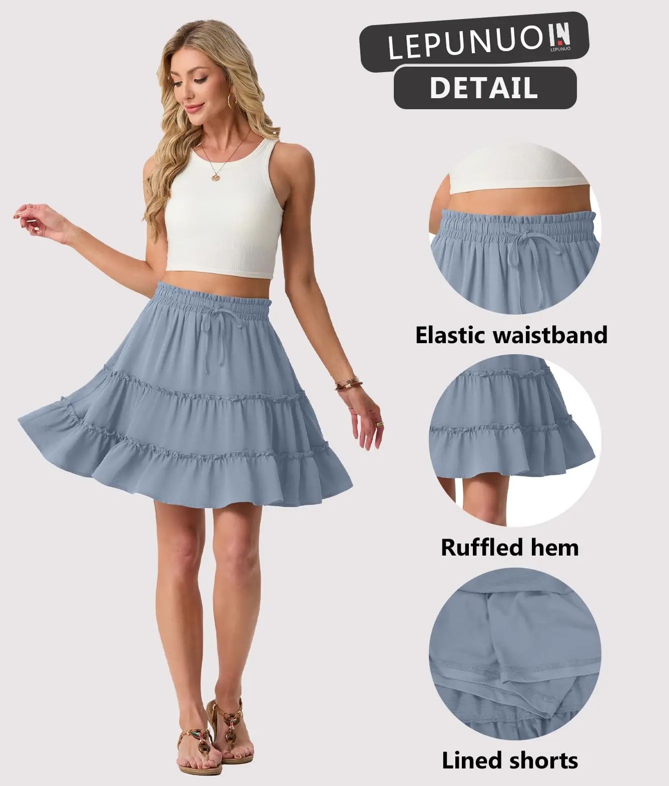 Boho Skirts for Women Flowy Casual Cute Skorts Built-in Shorts Floral Ruffle Tiered Skirts with Pockets