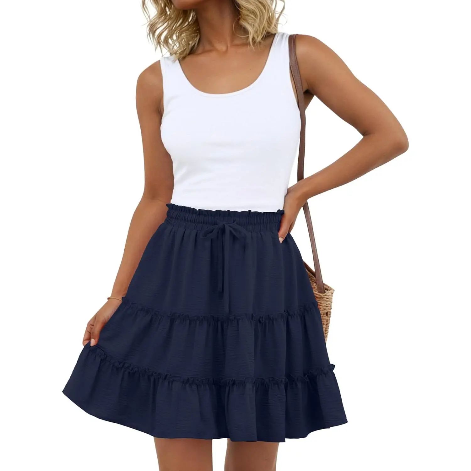 Boho Skirts for Women Flowy Casual Cute Skorts Built-in Shorts Floral Ruffle Tiered Skirts with Pockets