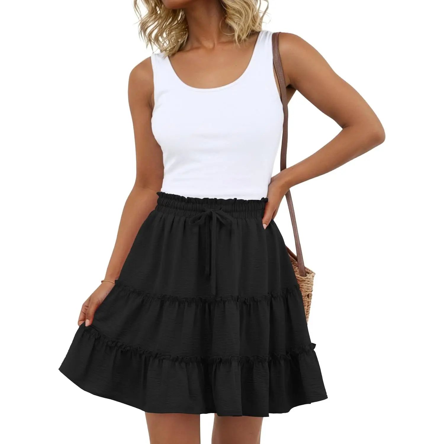 Boho Skirts for Women Flowy Casual Cute Skorts Built-in Shorts Floral Ruffle Tiered Skirts with Pockets