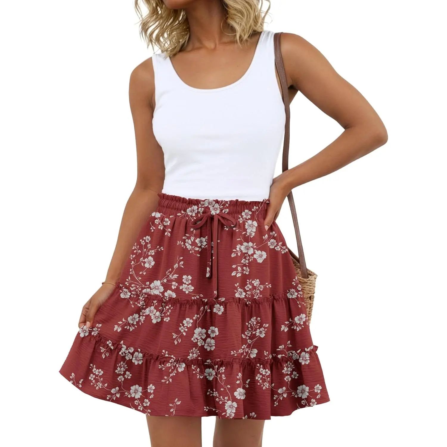 Boho Skirts for Women Flowy Casual Cute Skorts Built-in Shorts Floral Ruffle Tiered Skirts with Pockets