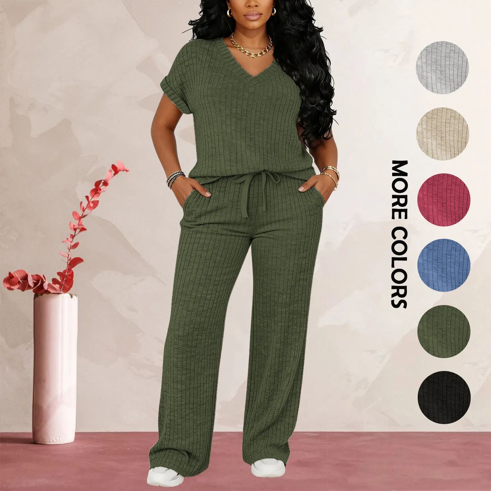 Women's Ultra-Soft Brushed Ribbed Knit 2-Piece Loungewear Set - V-Neck Top & High Waist Wide Leg Pants