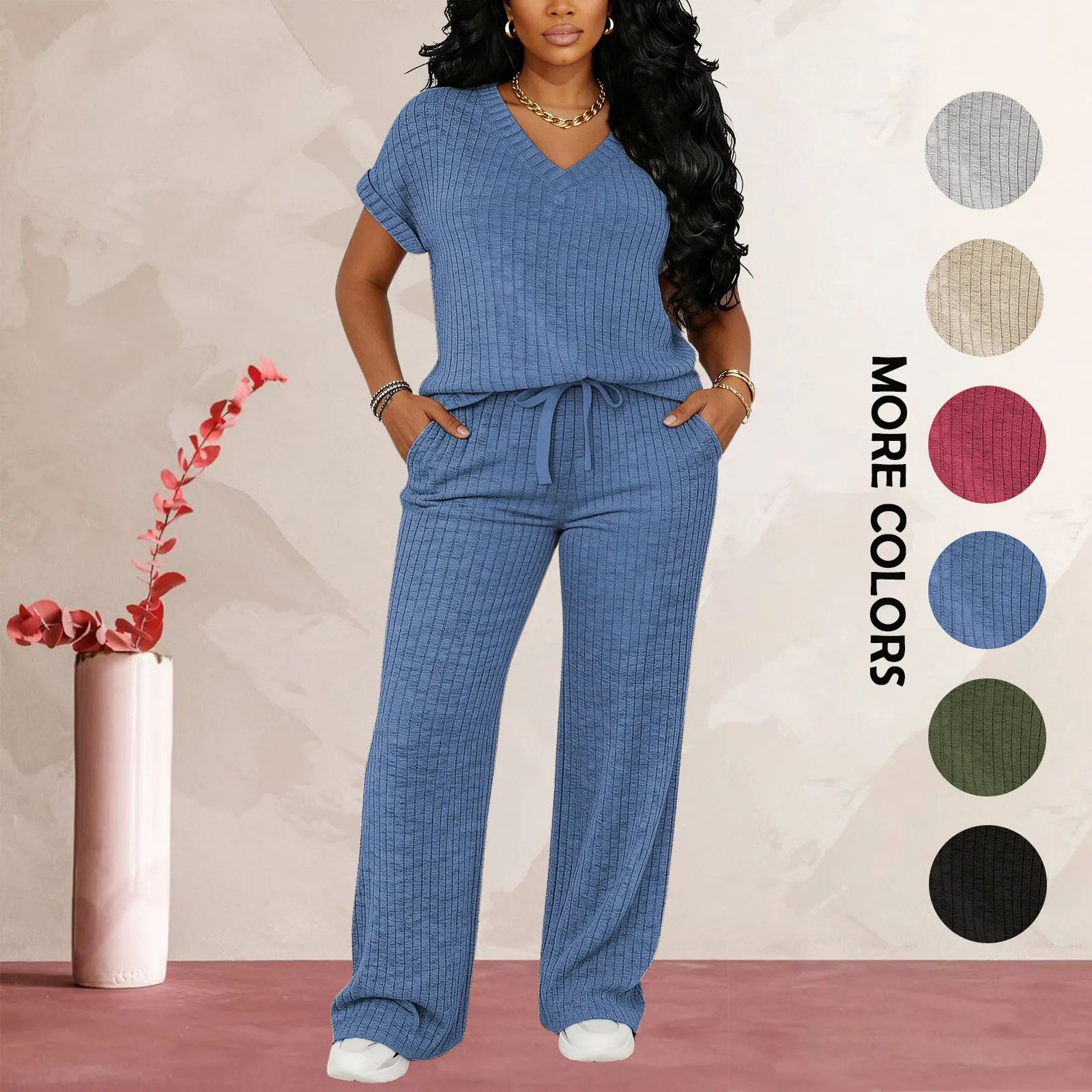 Women's Ultra-Soft Brushed Ribbed Knit 2-Piece Loungewear Set - V-Neck Top & High Waist Wide Leg Pants