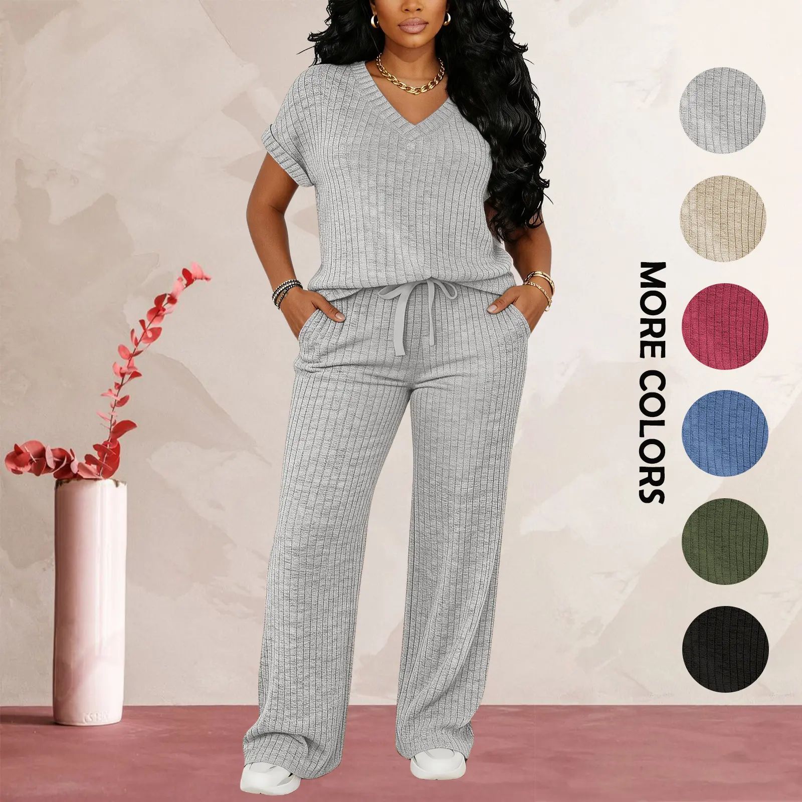 Women's Ultra-Soft Brushed Ribbed Knit 2-Piece Loungewear Set - V-Neck Top & High Waist Wide Leg Pants